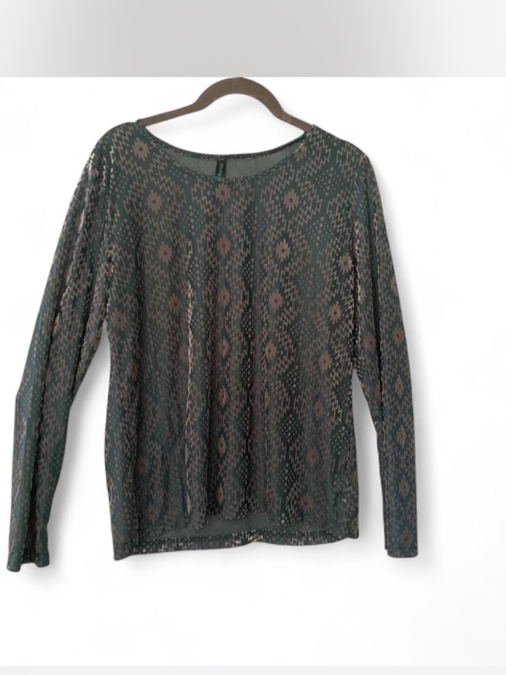 Green Sheer Aztec-Print Long Sleeve Top with muted gold print size L